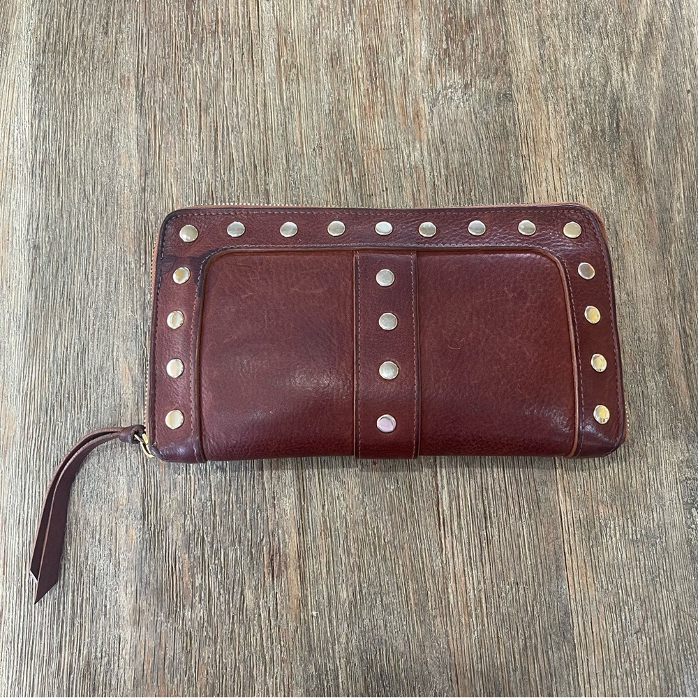 Leather Clutch Studded Wallet Large Brown